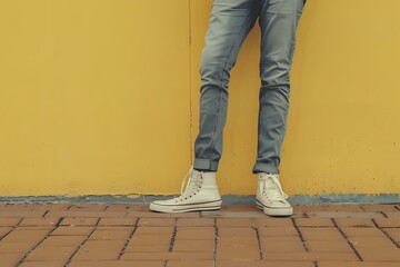 Casual Style: Observing the Relaxed Fit of Jeans and Canvas Sneakers Against a Yellow Wall, Showcasing Urban Fashion and Effortless Streetwear Aesthetics.