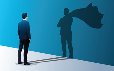 Businessman dreams of becoming a superhero. Confident handsome man standing superhero shadow concept. vector,illustration