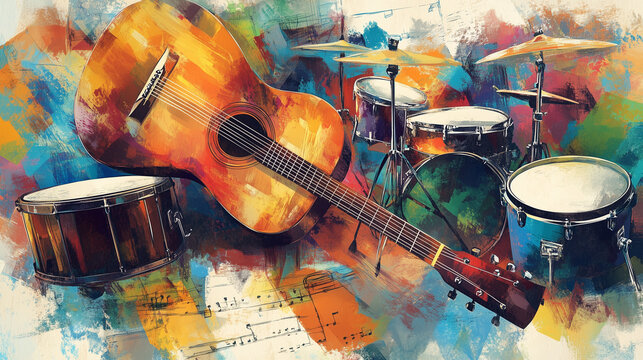 Artistic depiction of acoustic guitar, drums, and sheet music surrounded by vibrant, colorful abstract strokes.