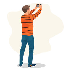 Holiday Travel concept. young man taking photo by his phone camera. vector