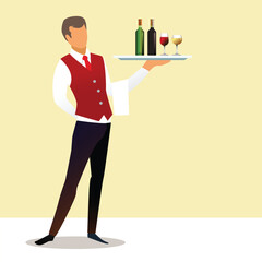 Waiter holding  silver tray  with red wine bottles and glass on blue background. business concept. vector