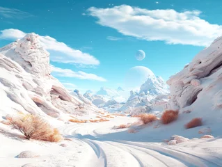 Fototapete Rund A serene futuristic space landscape features snowy terrain under a clear blue sky with distant planets and fluffy clouds, evoking a sense of cosmic tranquility. © Sergey