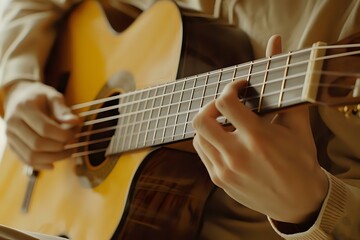 Obraz premium Learning to Play Acoustic Guitar: A Beginner's Guide to Chords, Strumming, and Fingerpicking Techniques for Relaxing Music Creation