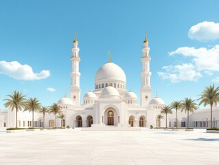 A 3D illustration of a mosque featuring white domes and minarets, adorned with a golden moon and star, set against a bright blue sky.