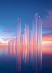 Fototapeta premium Futuristic Urban Elegance Serene Blue Horizons with Skyscraper Reflections for Modern Property Launch Aesthetic City Landscape Banner Abstract Lines Background