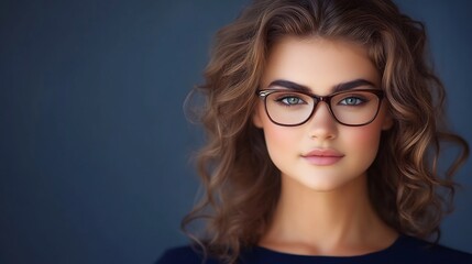 Obraz premium Close-up Photo: Confident Woman Gracefully Wearing Stylish Eyeglasses Against a Deep Blue Background. AI Generated