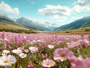 Obraz premium A vibrant summer meadow adorned with pink and white wildflowers under a clear sky, set against a backdrop of misty mountains.