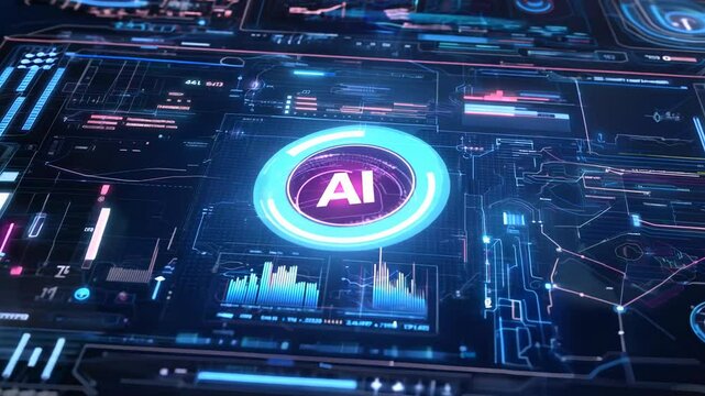 A digital interface with the text AI prominently displayed, surrounded by graphs and analytics, emphasizing its use in data visualization and decision-making processes
