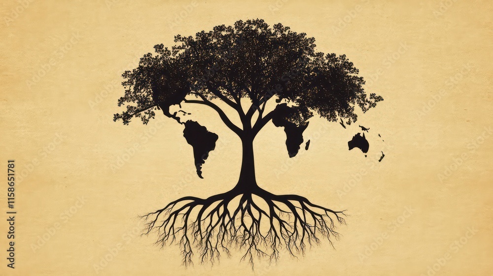 Poster World map shaped tree with detailed roots and branches on parchment background.