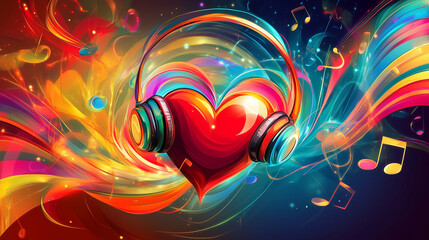 A vibrant heart with headphones surrounded by colorful music waves and notes symbolizes the joy of sound and creativity.