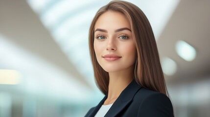 Naklejka premium Close-up Photo: Confident Young Professional Smiling Gently in Modern Office Setting. AI Generated