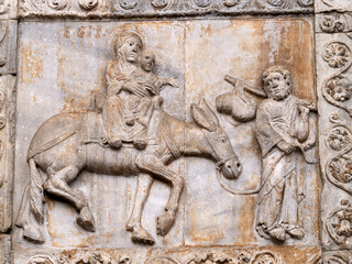 San Zeno Basilica Church in Verona Italy, detail of exterior sculptures and bas relief