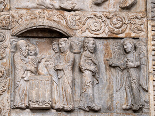 San Zeno Basilica Church in Verona Italy, detail of exterior sculptures and bas relief