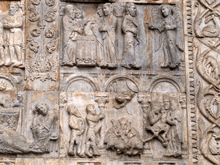 San Zeno Basilica Church in Verona Italy, detail of exterior sculptures and bas relief