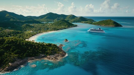 Aerial view of a tropical beach with clear waters and a cruise ship in the distance.