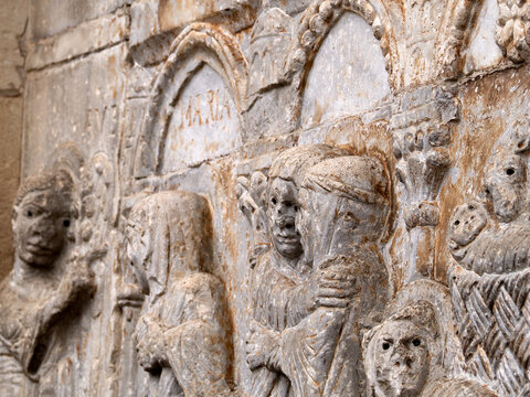 San Zeno Basilica Church in Verona Italy, detail of exterior sculptures and bas relief