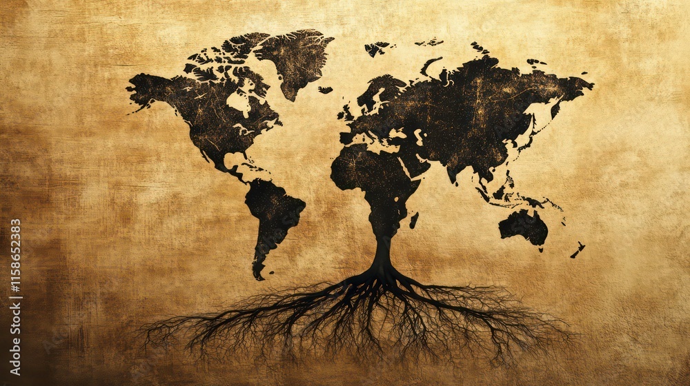 Poster world map shaped as tree with roots on grunge background.