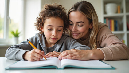 Obraz premium Mother and child studying together at home