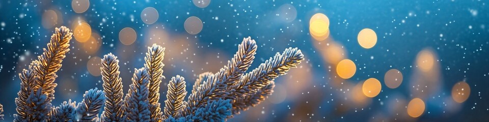 Capture the Magical Essence of Winter: Snowy Pine Branches in a Golden Bokeh Wonderland, Perfect for Holiday Greetings and Seasonal Decor.