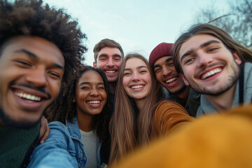 Obraz premium Group of multiracial young student people smiling and taking selfie together.