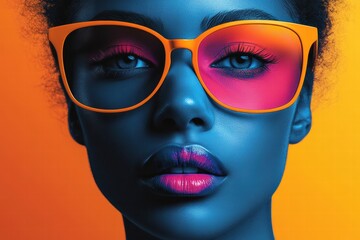 Bold graphic layout featuring a model with vibrant sunglasses and striking makeup