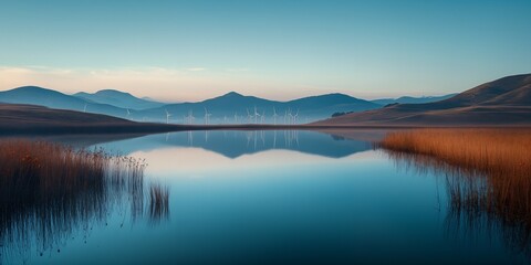 Serene Twilight Lake Reflection: Wind Turbines, Mountains, Tranquility - Perfect for Wall Art, Home Decor, or Meditation.