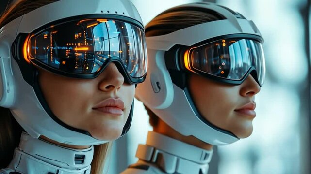 Future Forward: Two women in futuristic helmets gaze intently into the distance, their expressions hinting at determination and technological advancement.
