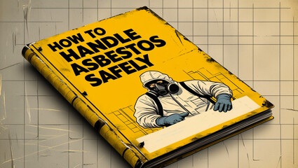 Ai generated image of a guide to asbestos safety, illustrated on a worn yellow book cover