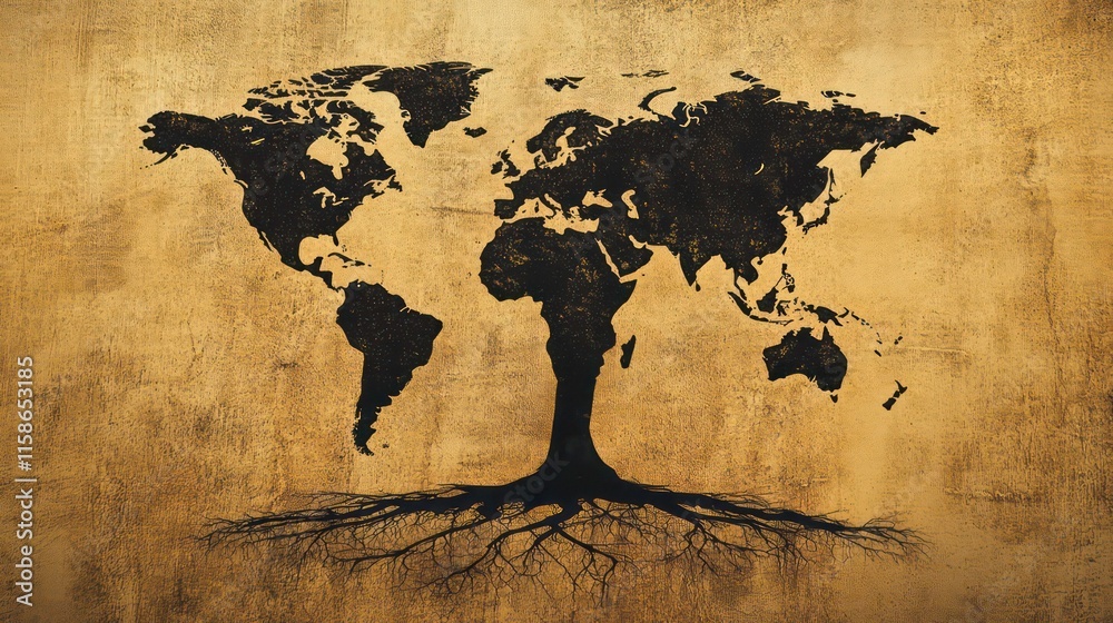 Poster world map shaped as a tree with roots on grunge background.