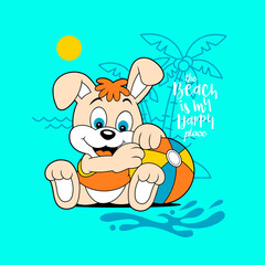 beach vacation with bunny cartoon, vector illustration.