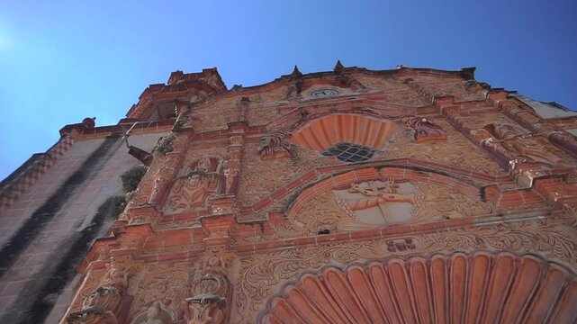 Smooth Gimbal Shot of ancient church in Jalpan de Serra, Queretaro. Mexico. Franciscan Mission of Jalpan