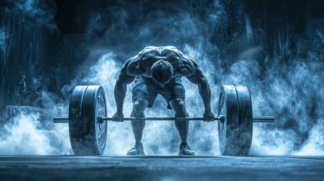 Muscular man deadlifting heavy barbell in smoky setting.