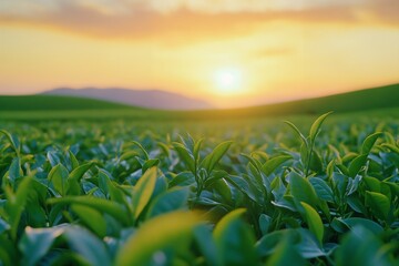 Fototapeta premium Vibrant Green Tea Fields at Sunset: Perfect for Wall Art, Backgrounds, and Nature Lovers.