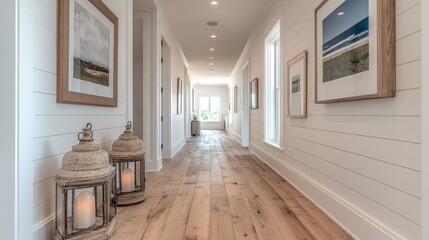 Bright hallway with white shiplap walls, hardwood floors, and framed coastal artwork.