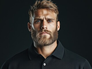 Fototapeta premium A realistic mockup of a male model wearing a black polo shirt, set against a dark background. The image has a cinematic and dramatic feel.