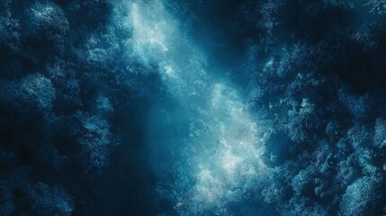 Underwater coral reef scene, deep ocean, blue, dark.