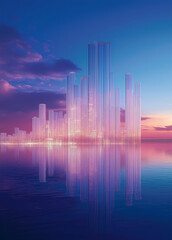 Fototapeta premium Futuristic Urban Elegance Serene Blue Horizons with Skyscraper Reflections for Modern Property Launch Aesthetic City Landscape Banner Abstract Lines Background