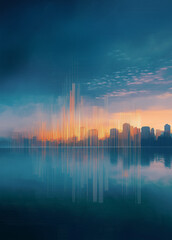 Fototapeta premium Futuristic Urban Elegance Serene Blue Horizons with Skyscraper Reflections for Modern Property Launch Aesthetic City Landscape Banner Abstract Lines Background
