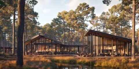 Obraz premium Modern Lakeside Retreat: Luxurious Glass House Surrounded by Serene Forest and Calm Waters.