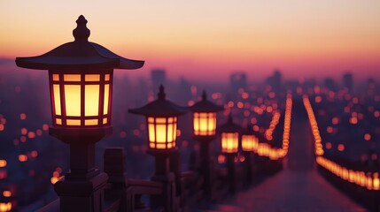 Fototapeta premium Lanterns Arranged on Staircase at Dusk