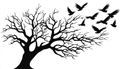 Obraz premium Silhouette of a barren tree with birds flying away. (2)