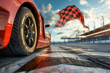 Race Car Crossing Finish Line with Checkered Flag