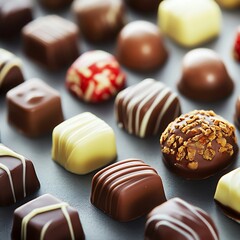 Assorted chocolate candies on grey background.