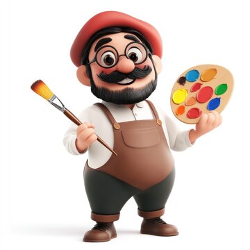 recommend clip art: A happy artist with a beret, holding a paintbrush and palette. vector style art 3d illustration Isolated on White Background