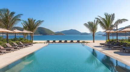 Fototapeta premium Tranquil beachfront infinity pool with palm trees, loungers, and stunning ocean view.