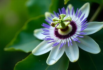 Beautiful white and purple passion flower blooming in a garden