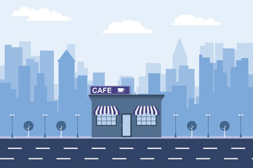Cafe facade against the backdrop of a city urban landscape, cafe building against the backdrop of a city in monochrome tones. Vector, cartoon illustration. Vector.