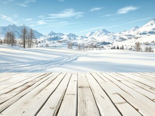 Fototapeta premium A wooden terrace overlooking a snowy landscape with blurred mountains and clear skies, evoking a peaceful winter atmosphere.
