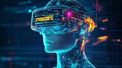 Fototapeta premium Holographic AI Head with VR Headset