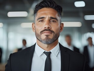 Naklejka premium A confident businessman in a suit and tie stands in an office setting, exuding professionalism with a gentle smile and neatly groomed beard.